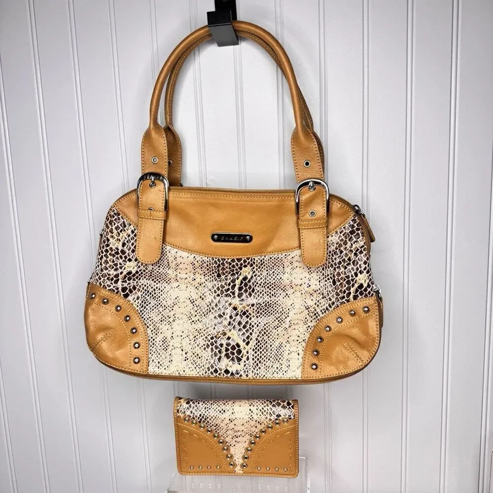 Sharif Snakeskin Print Leather Bag Purse and Wallet Set Gold Brown